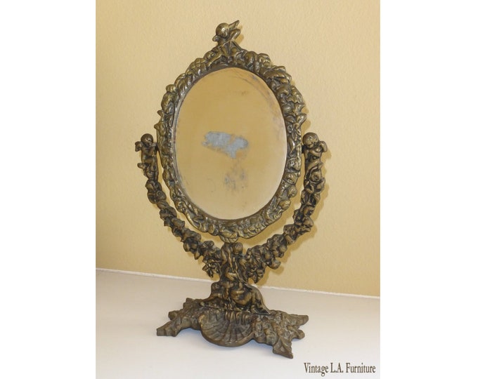 Antique Floral & Cherub frame Design Bronze Vanity Mirror Hand Held