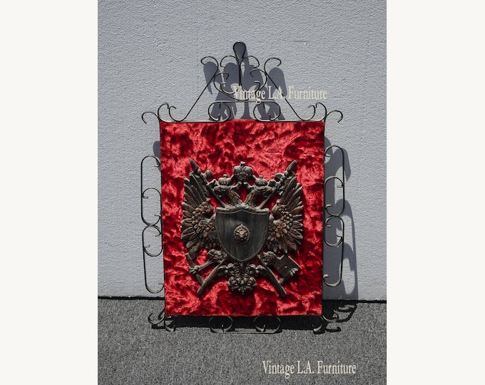 Vintage Mid Century Medieval Coat of Arms Wall Mantle Plaque Picture w Red Velvet