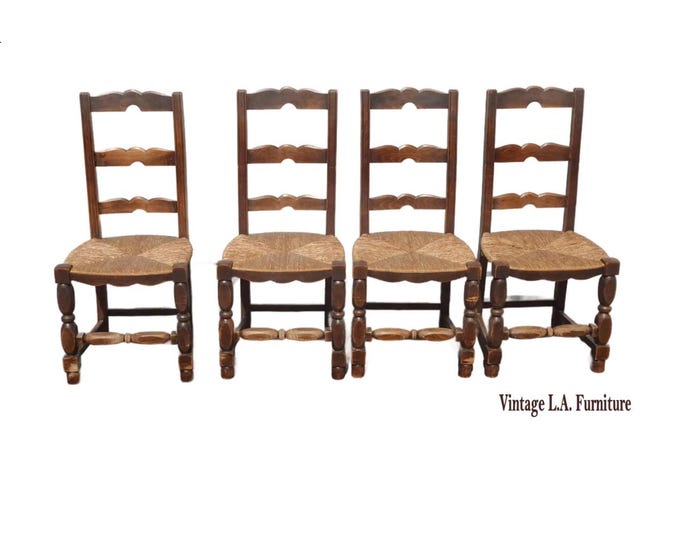 Set of Four Antique French Country Brown Rush Ladderback Chairs