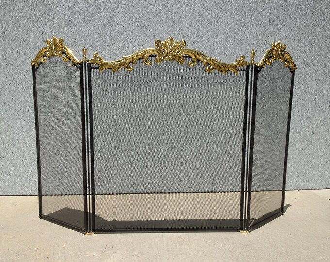 French Style Black Mesh w Brass Motif Three Panel Fireplace Screen