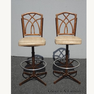 Pair of Vintage Mid Century Modern Bamboo & Metal Swivel Barstools Bar Stools