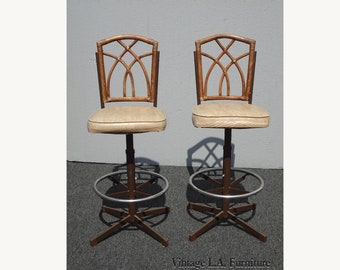 Pair of Vintage Mid Century Modern Bamboo & Metal Swivel Barstools Bar Stools