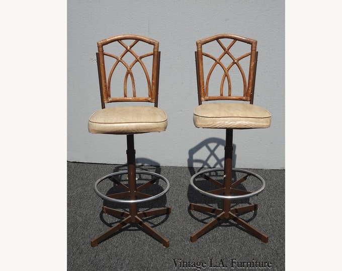 Pair of Vintage Mid Century Modern Bamboo & Metal Swivel Barstools Bar Stools