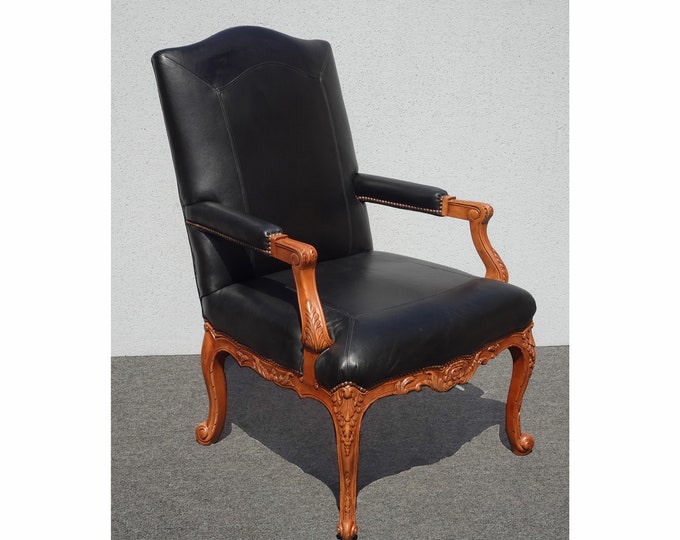 Vintage Baker Furniture Black Leather French Louis Lounge Throne Chair