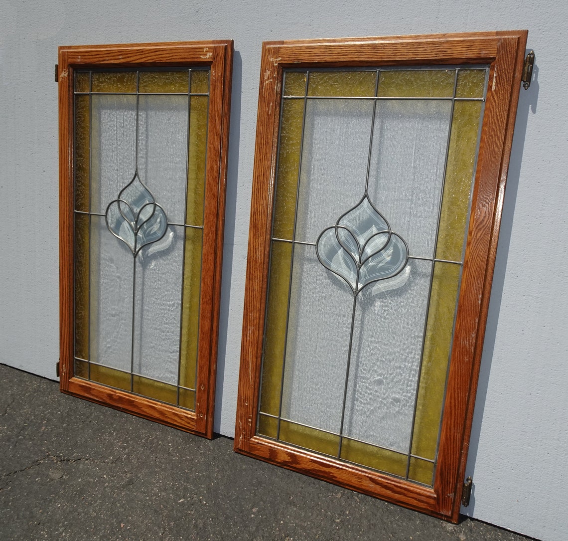 Pair of Vintage Stained Glass Doors Windows With Oak Frame & Clear