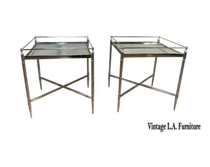 Pair of Vintage Stainless Steel Silver End Tables w Mirrored Table Tops