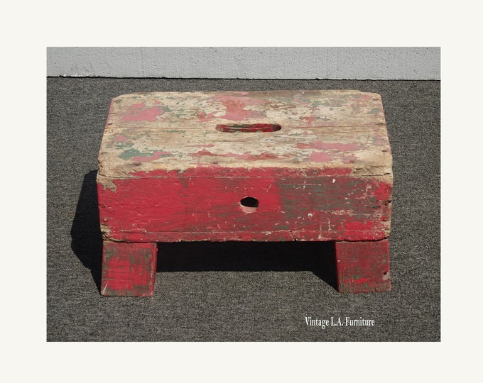 Antique French Farmhouse Rustic Red Footstool ~ Step Stool w Handle