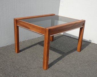 Vintage Mid Century Modern Brown End Table with Smokey Glass