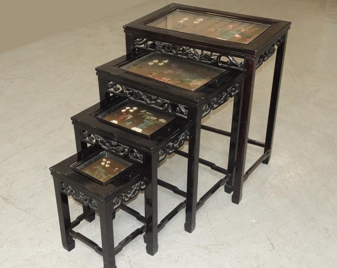 Set of Four Vintage Oriental Asian Black Nesting Tables w Decorative Table Tops