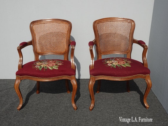 Pair of Vintage French Country Burgundy Needlepoint Tapestry Cane