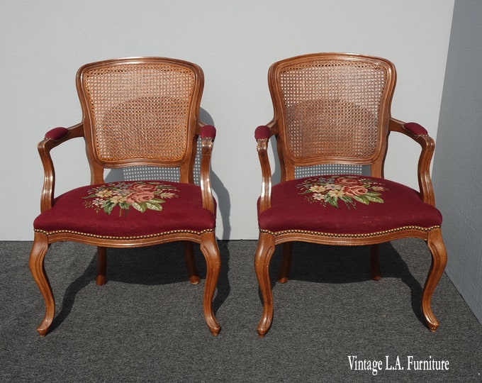 Pair of Vintage French Country Burgundy Needlepoint Tapestry Cane Bergere Chairs
