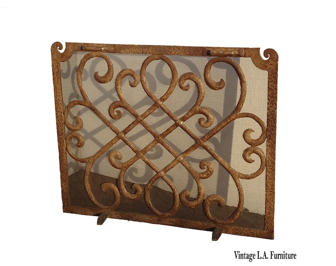 Vintage French Country Hammered Iron Fireplace Screen with Scrolls