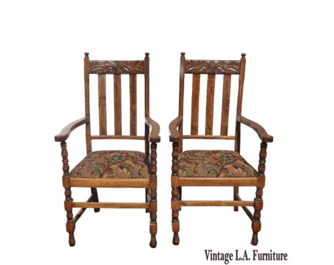 Pair of Vintage Oak Tapesty Style French Country Arm Chairs