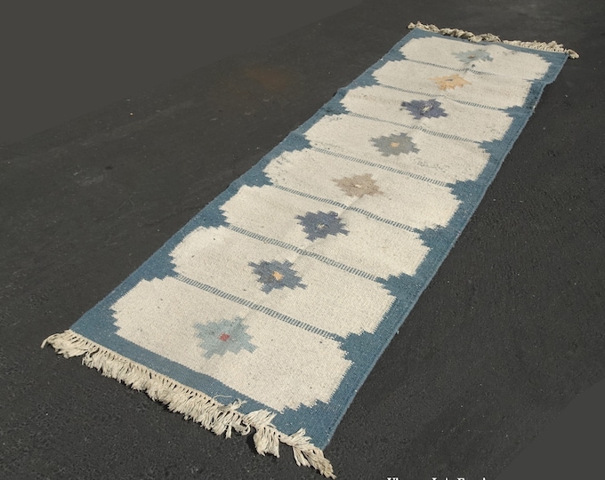 90" Long Vintage French Country Blue and White Rug Runner Asis