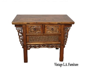 Antique Oriental Asian Hand Carved Console Table Brown Carved Chest Alter Table