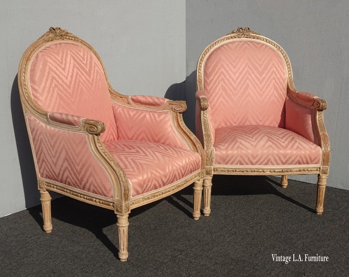 Pair Antique French Louis XVI Pink Bergere Chairs Carved Ornate Frames