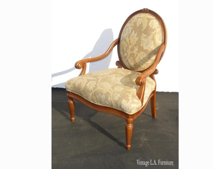 Designer Sam Moore Pair Vintage French Round Back Floral Design Arm Chair