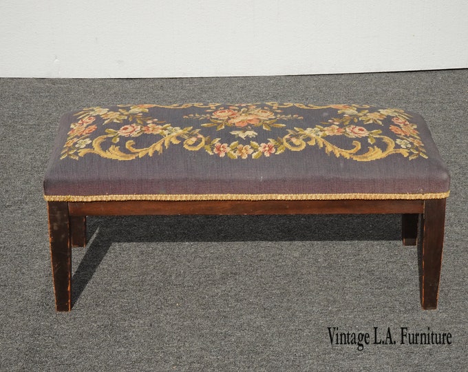 Vintage French Country Blue Needlepoint Long Footstool Bench on Brown Base
