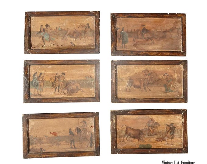 Set Six 7"x12 Antique Rustic Spanish Style Pictures of Bullfighters & Matadors