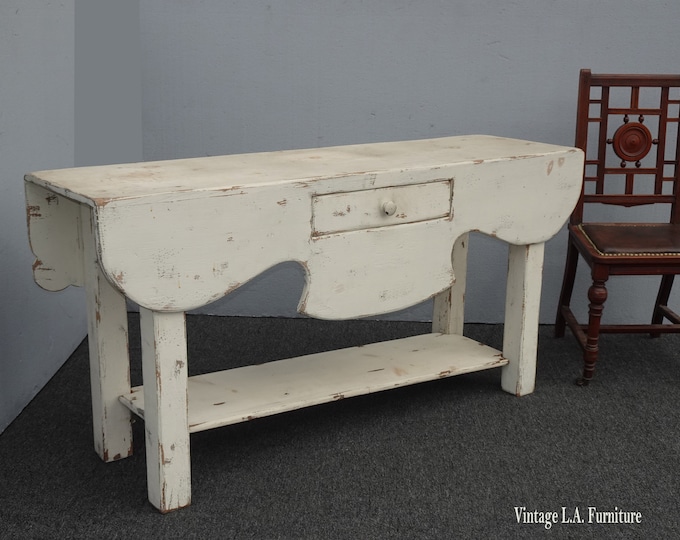 Vintage French Country Farmhouse Chic Off White Console Table w Waterfall Edges