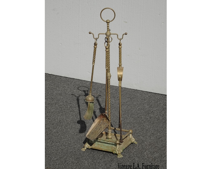 Vintage French Country Brass Fireplace Tools w Claw Feet
