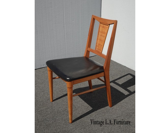 Vintage Mid Century Modern Maple Side Chair w Rattan and Leather Seat