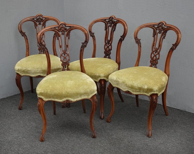 Four Antique Victorian Carved Dining Chairs w Yellow Velvet ~ French Louis XVI