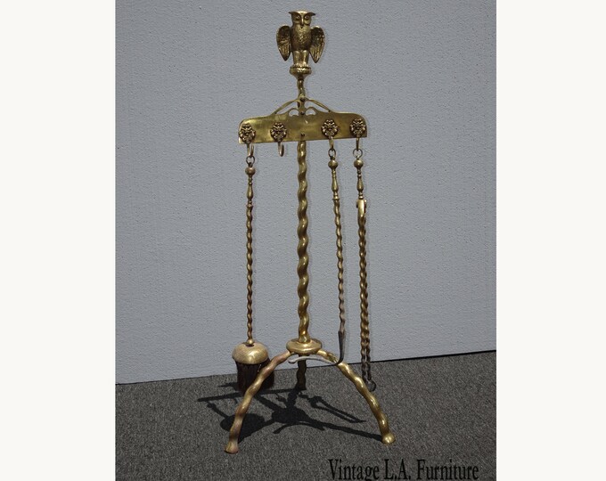 Vintage French Country Gold Metal Fireplace Tools w Owl Motif ASis