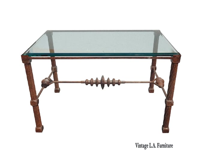 Vintage Diego Giocometti Iron Patinated Metal Dining Table Desk w Beveled Glass