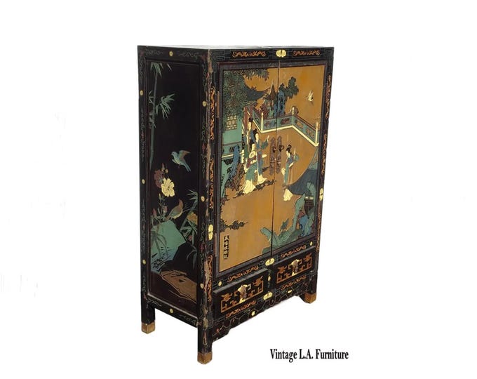 Vintage Oriental Asian Black Lacquer Cabinet Chinoiserie Side Table Signed Asis