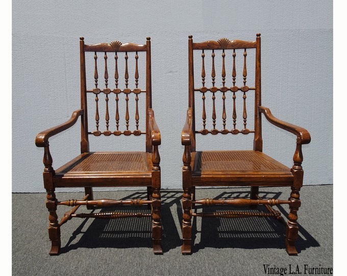 Pair of Vintage Henredon French Country Oak Cane Accent Chairs w Spindle Backrests
