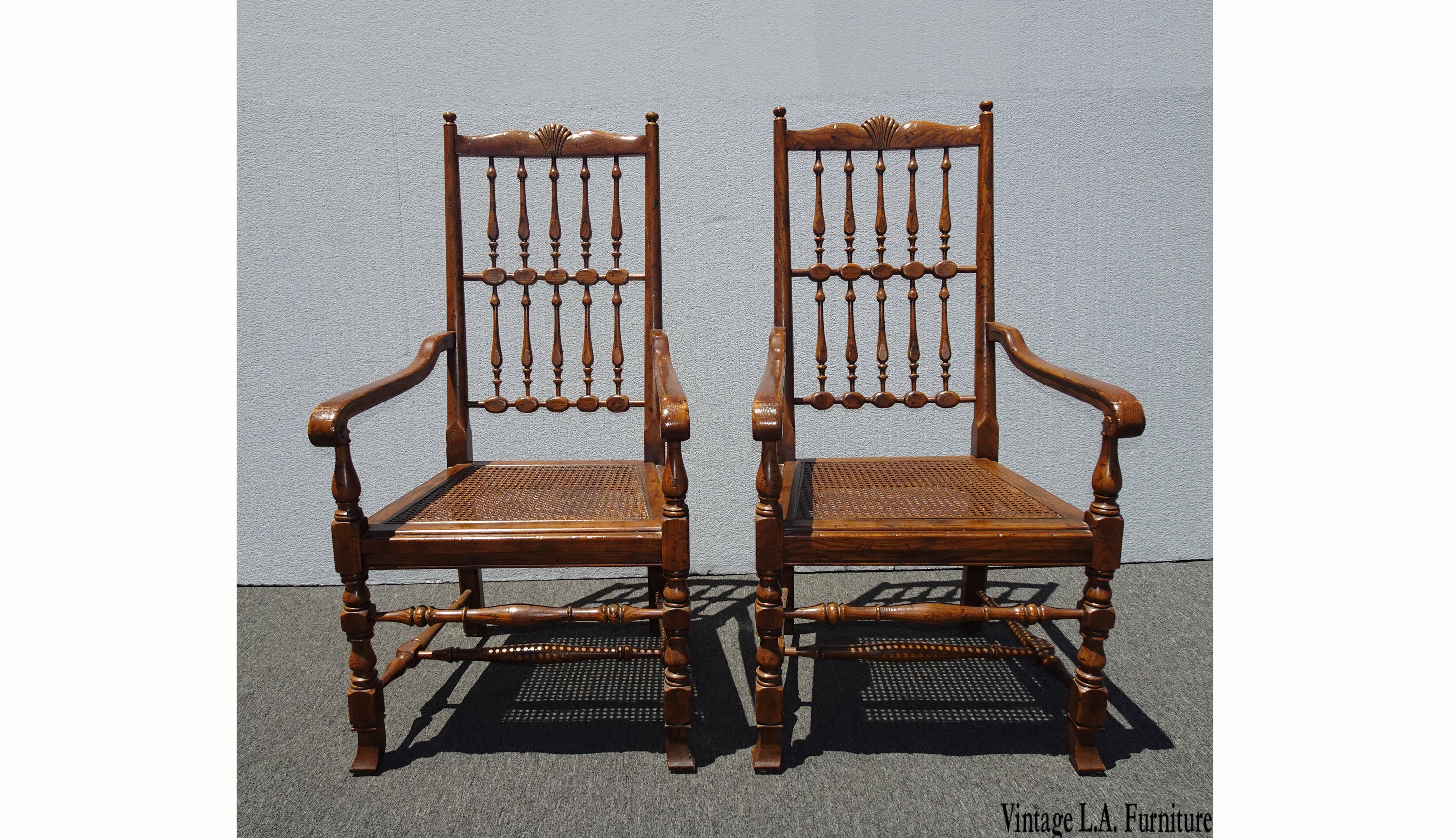 Pair of Vintage Henredon French Country Oak Cane Accent Chairs W