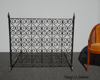 Vintage Spanish Style Black Wrought Iron Ornate Fireplace Screen