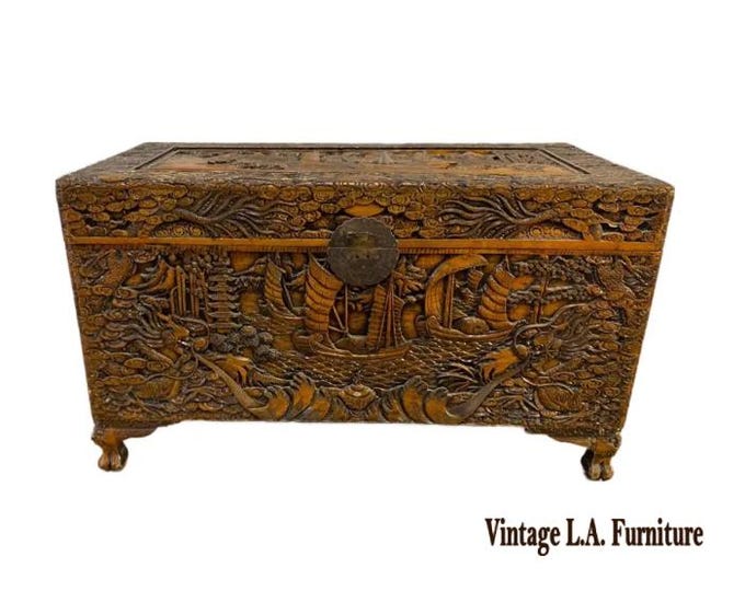 Vintage Chinese Camphor Chest Trunk or Coffee Table Hand Carved w Boats Ships
