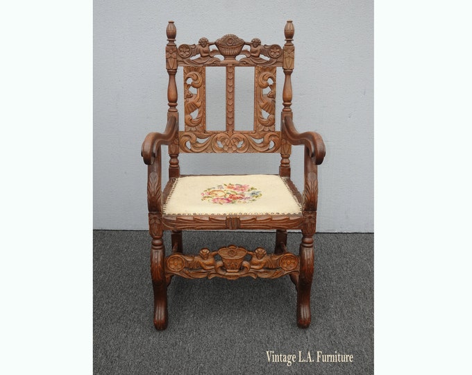 Vintage Spanish Style Highly Carved Throne Chair ~ w Needlepoint Floral Fabric