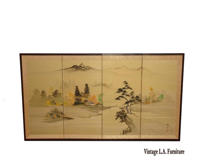 Vintage Japanese Showa Four Panel Asian Folding Screen Picture Painting