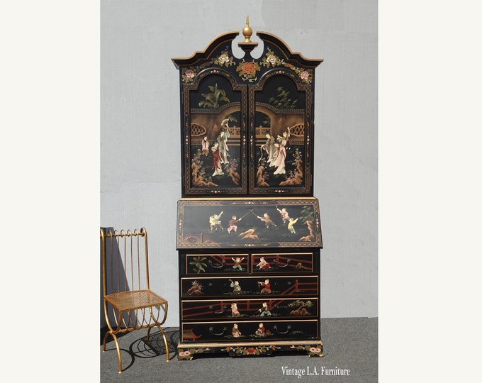Vintage Black Lacquered Asian Chinoiserie Cabinet Secretary Desk w Bookcase