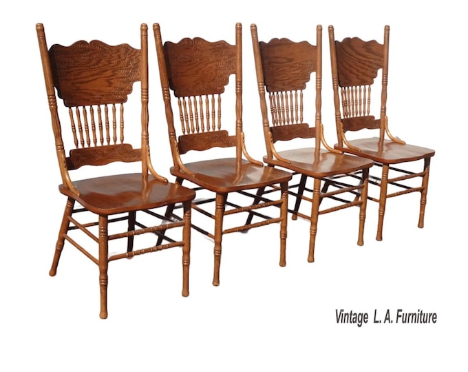 Set of Four Vintage Oak Pressback Dining Room Chairs ~ French Country 2of2