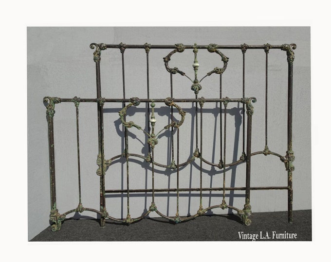 Antique French Wrought Iron Black w Green Crackle Queen Bed Frame Headboard & Foodboard