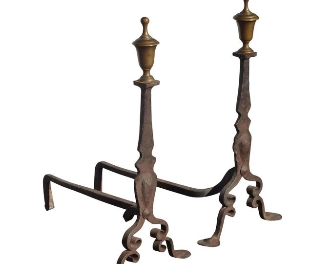 Pair Antique Hand Forged Wrought Iron Andirons w Brass Finials