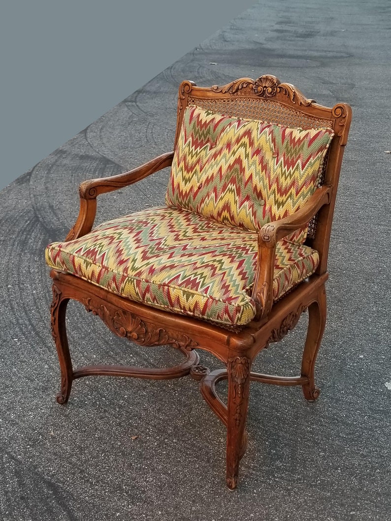 Vintage French Country Ornately Carved Accent Cane Chair w