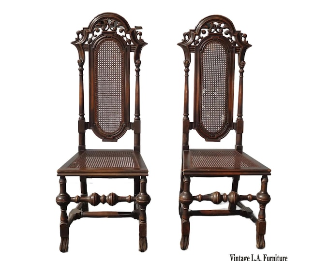 Pair Vintage Ornate Spanish Style Tallback Brown Cane Side Chairs French Style