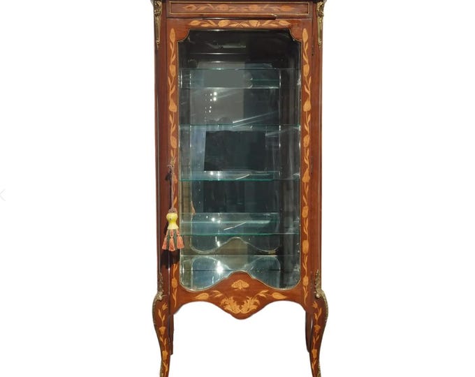 Antique French Louis XV Display Cabinet Vitrine w Marble Marquetry Brass Accents