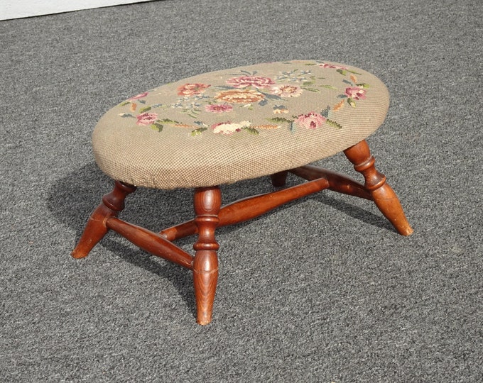 Vintage French Country Tan Needlepoint Floral Tapestry on Oak Turned Legs