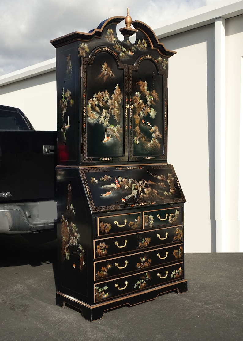 Vintage Chinese Asian Black Lacquer Chinoiserie Secretary Desk Etsy