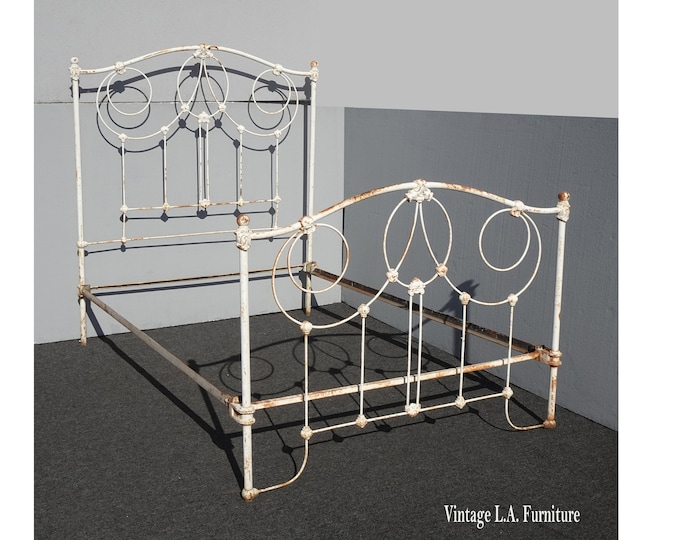 Vintage French Country Rustic White Cast Iron Full Bed Frame Headboard w Rails