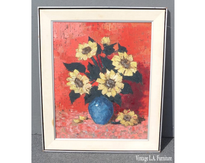 Vintage Framed Oil on Canvas Blue Vase with Sunflowers on Red Background
