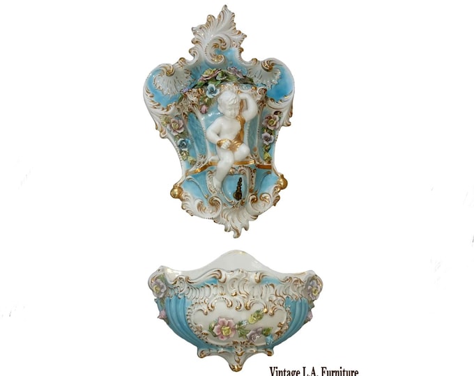 Vintage Capodimonte Porcelain Wall Decor Picture w Cherub & Pocket Vase