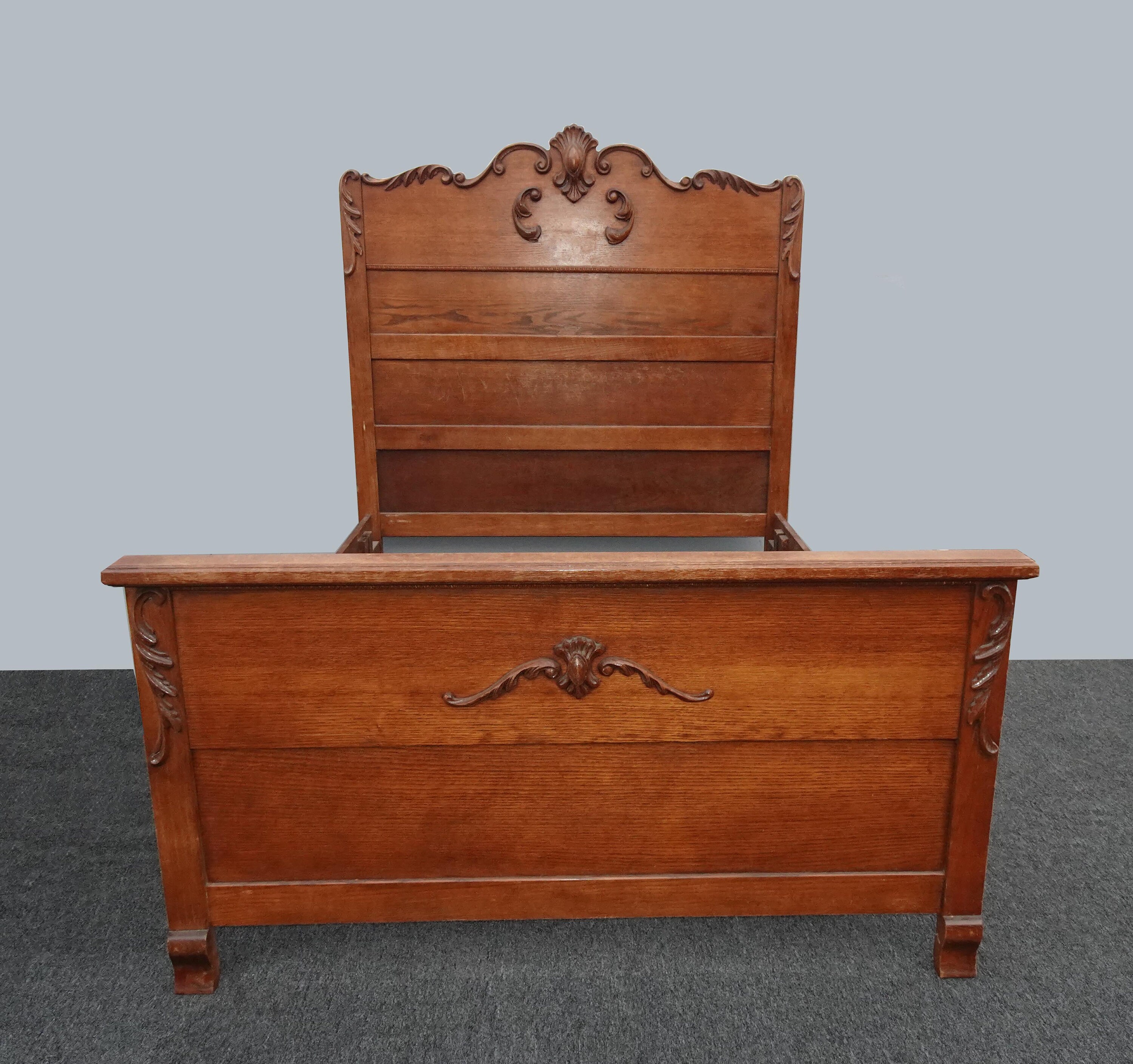 Antique French Country Oak Wood Bed Frame Full Headboard w Scrolled Onlays