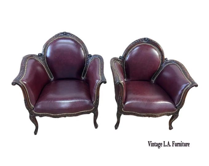 Pair Vintage Ornate French Louis XV Burgundy Leather Arm Chairs Decorative Nails